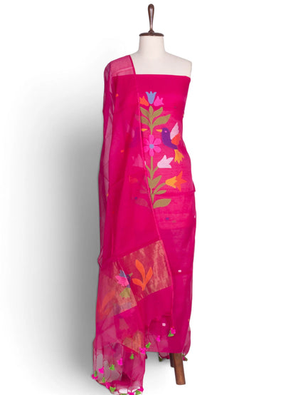 Phulia Cotton Jamdani Rani Pink Salwar Suit Set W/O Bottom