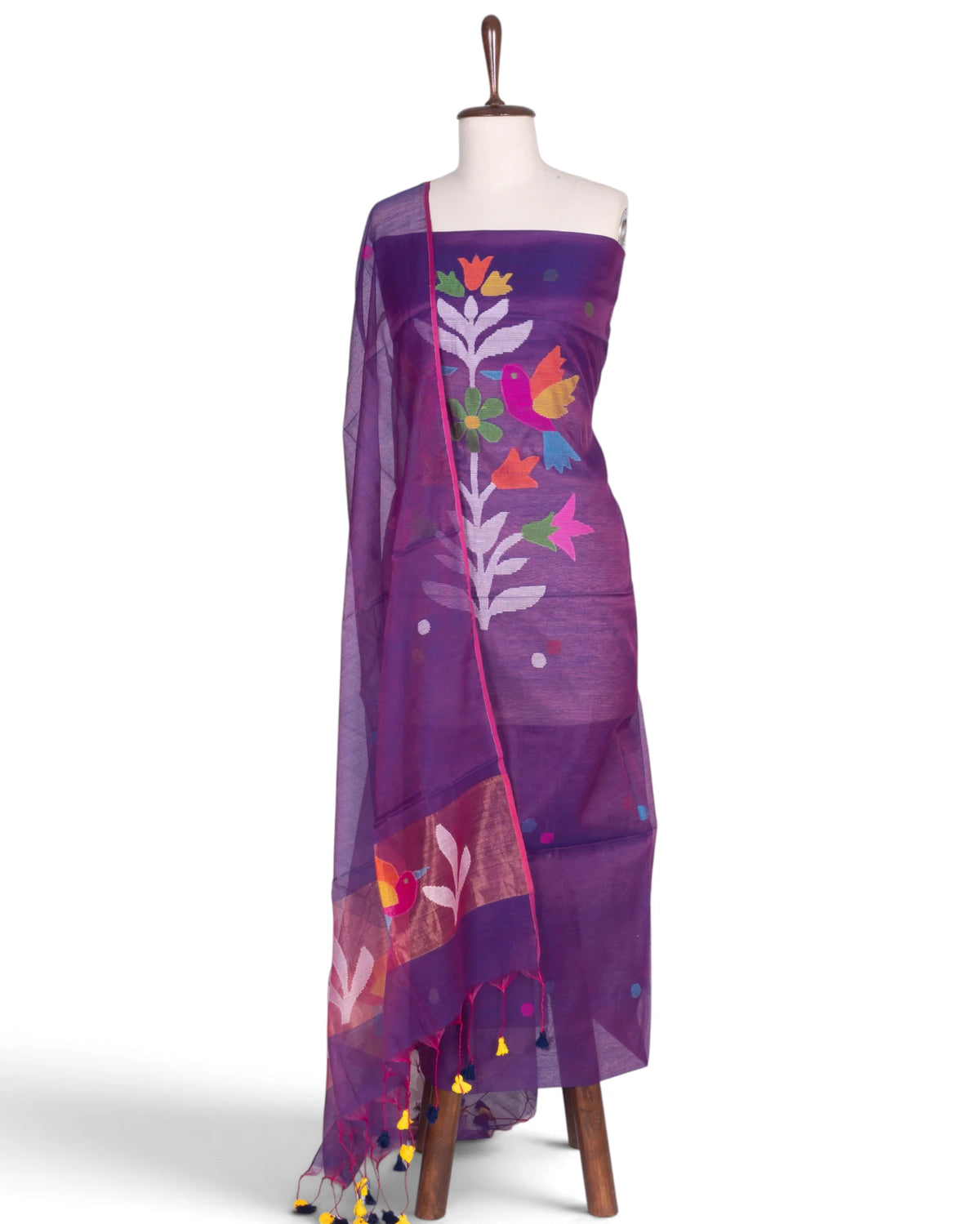 Phulia Cotton Jamdani Butta Violet Salwar Suit Set W/O Bottom