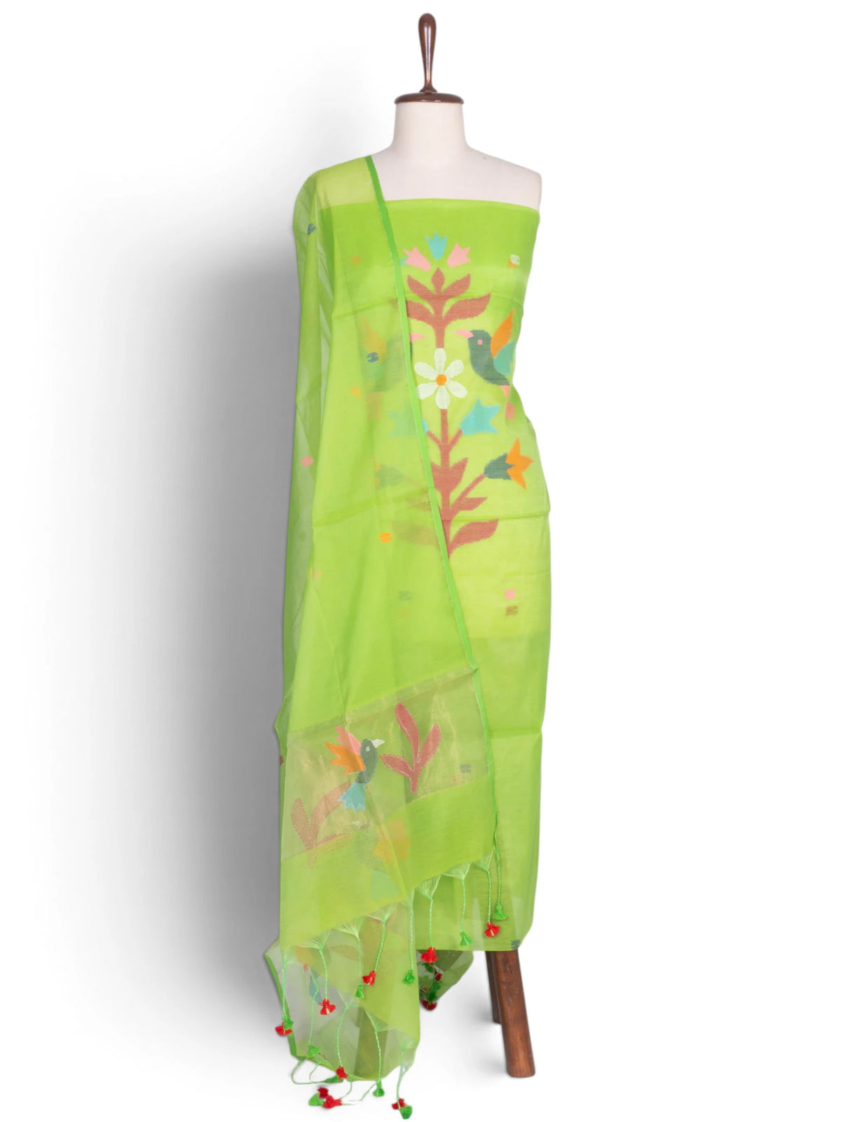 Phulia Cotton Jamdani Butta Pista Green Salwar Suit Set W/O Bottom