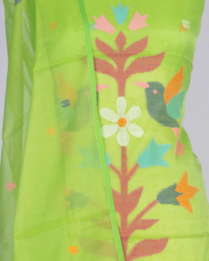 Phulia Cotton Jamdani Butta Pista Green Salwar Suit Set W/O Bottom