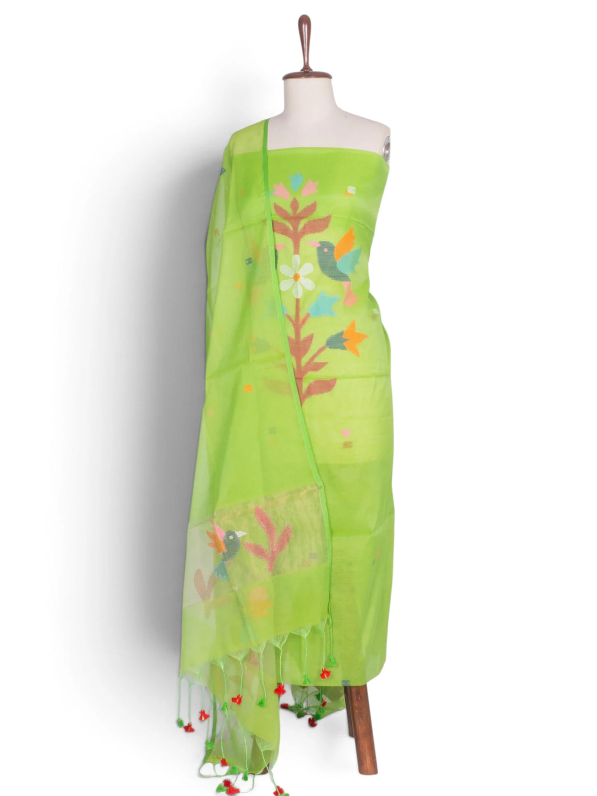 Phulia Cotton Jamdani Butta Pista Green Salwar Suit Set W/O Bottom