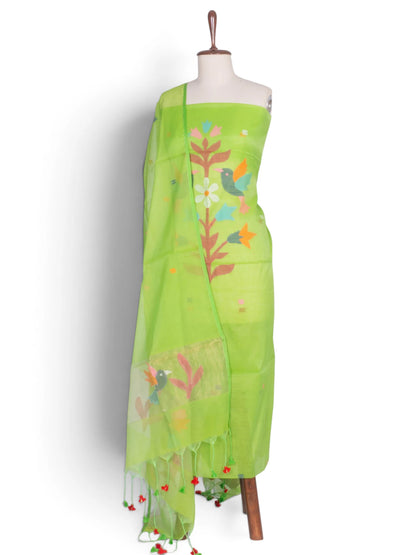Phulia Cotton Jamdani Butta Pista Green Salwar Suit Set W/O Bottom