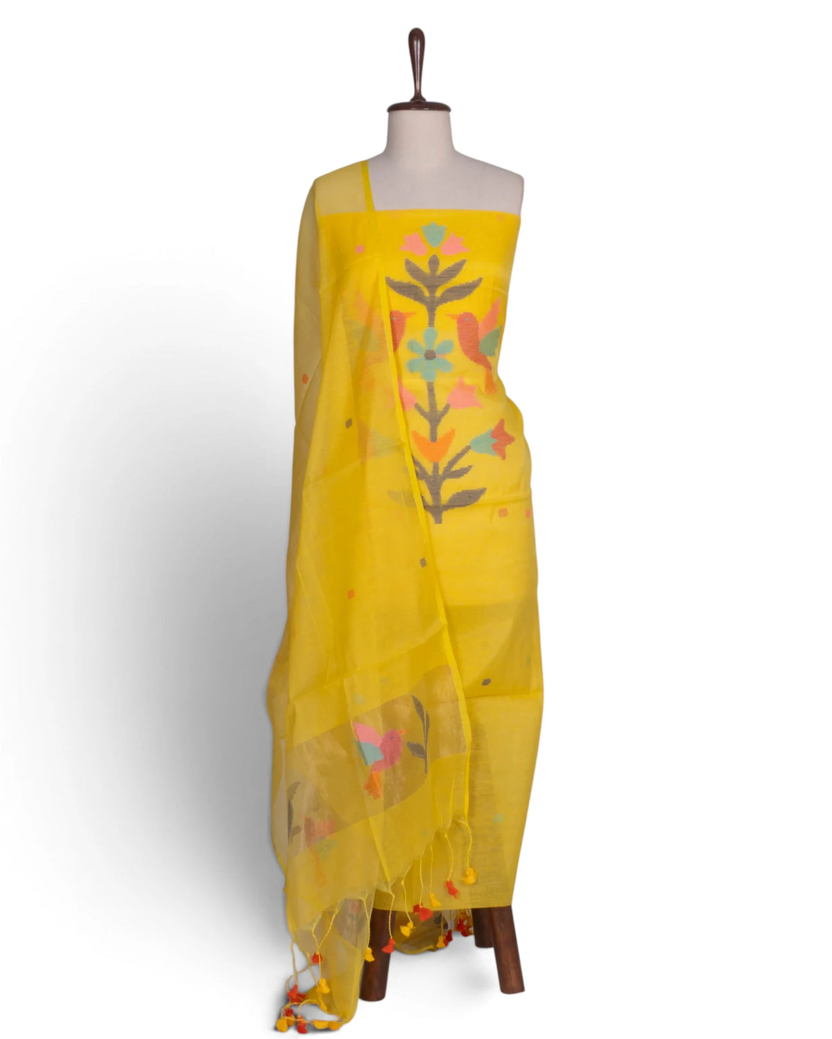 Phulia Cotton Jamdani Butta Yellow Salwar Suit Set W/O Bottom