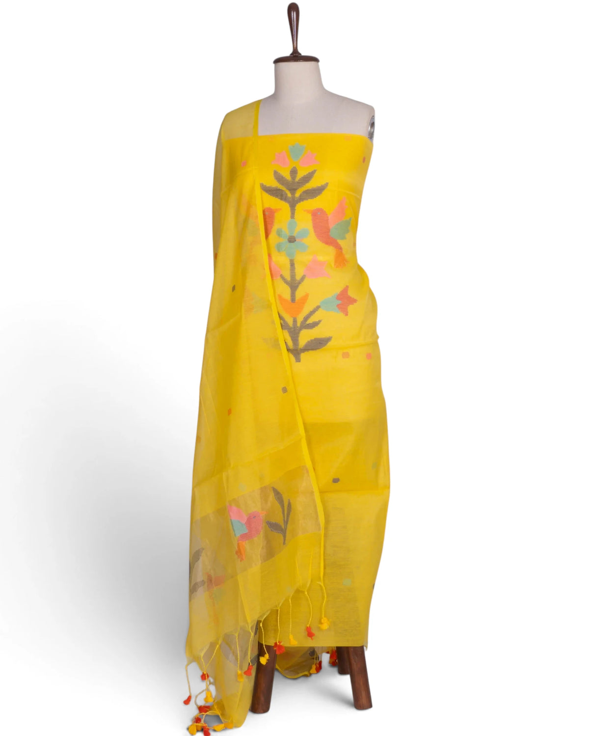 Phulia Cotton Jamdani Butta Yellow Salwar Suit Set W/O Bottom