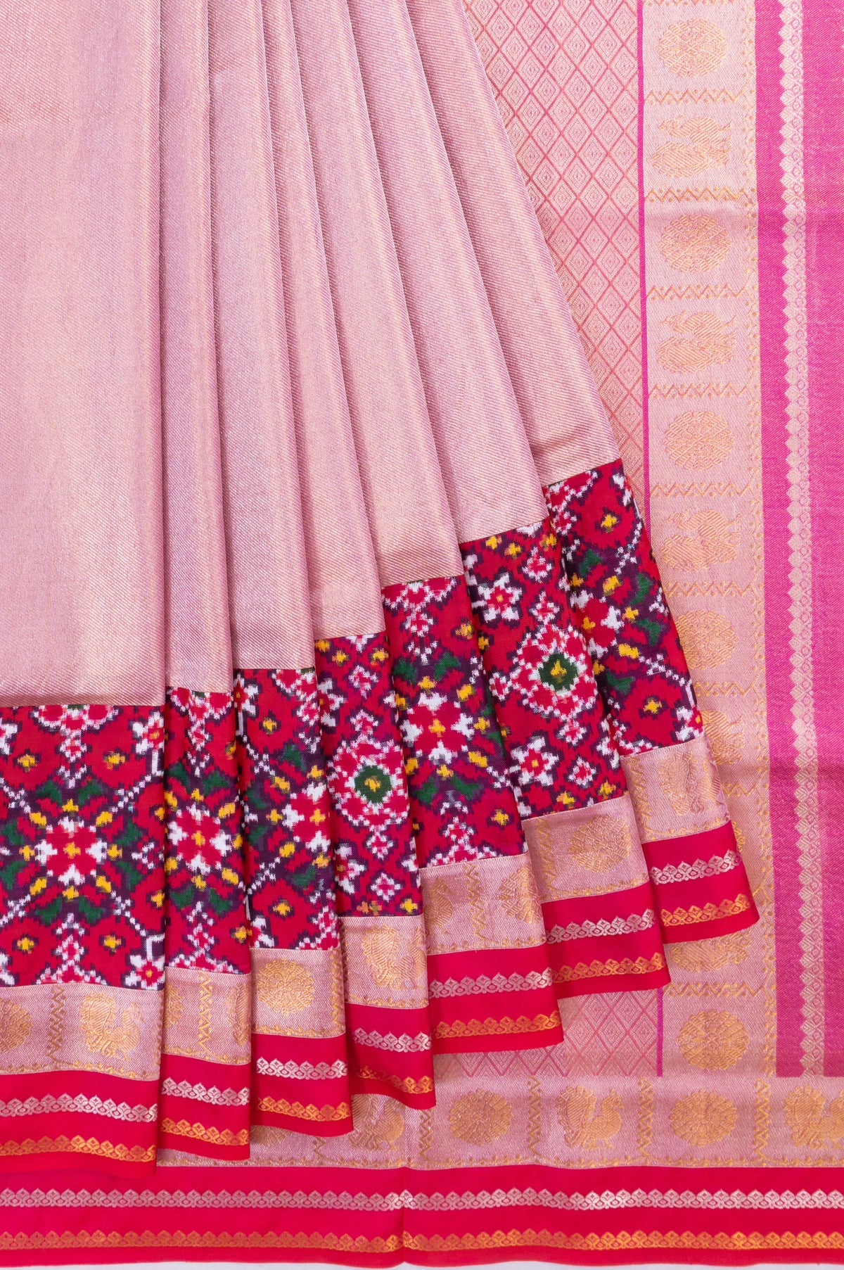 Patan Patola X Kanchipuram Silk Tissue Brocade Baby Pink Saree