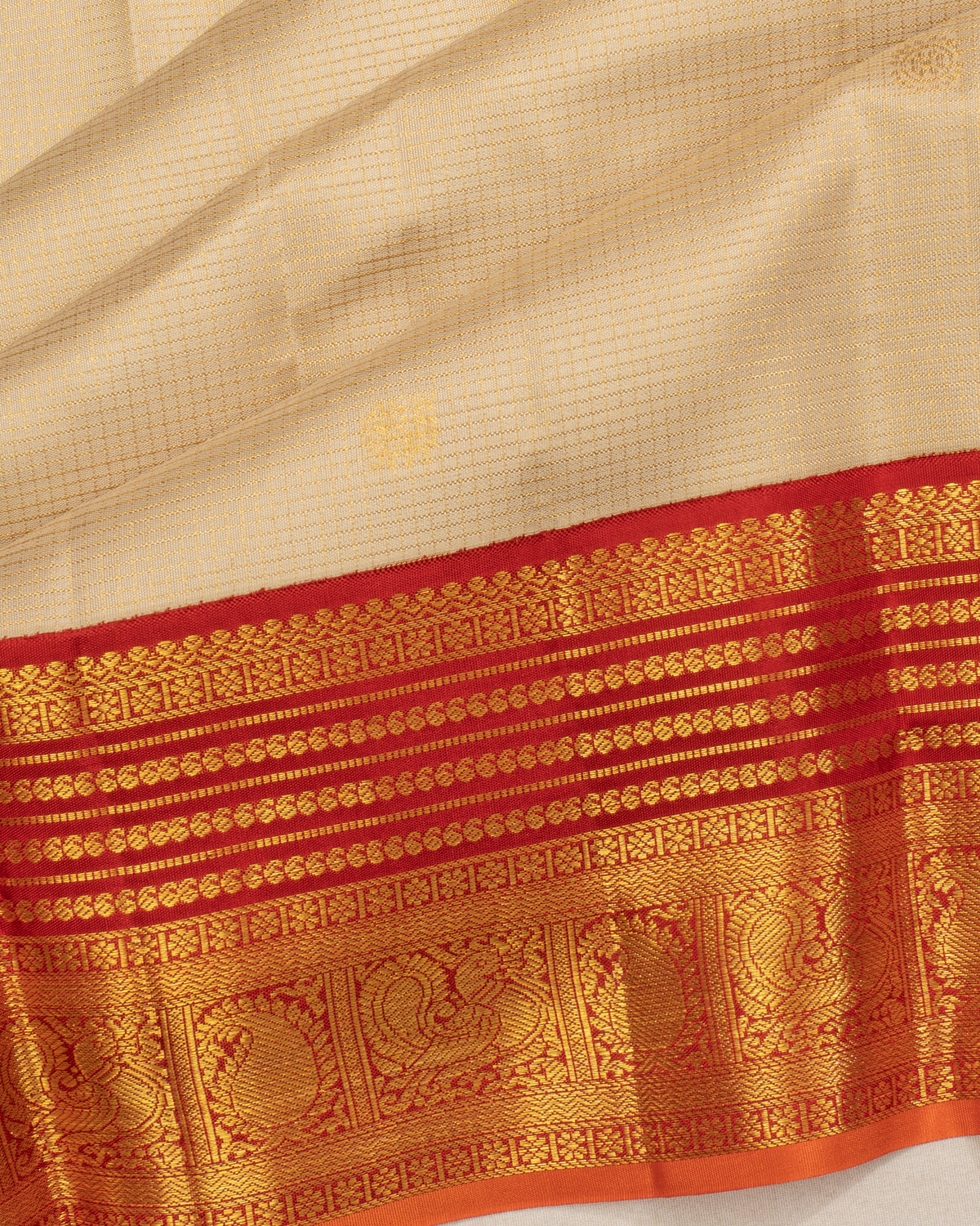 Kanchipuram Silk Checks And Butta Cream Saree