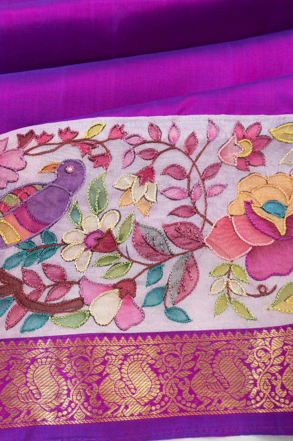 Kanchipuram Silk Butta Purple Saree With Hand Painted Aari Work Border