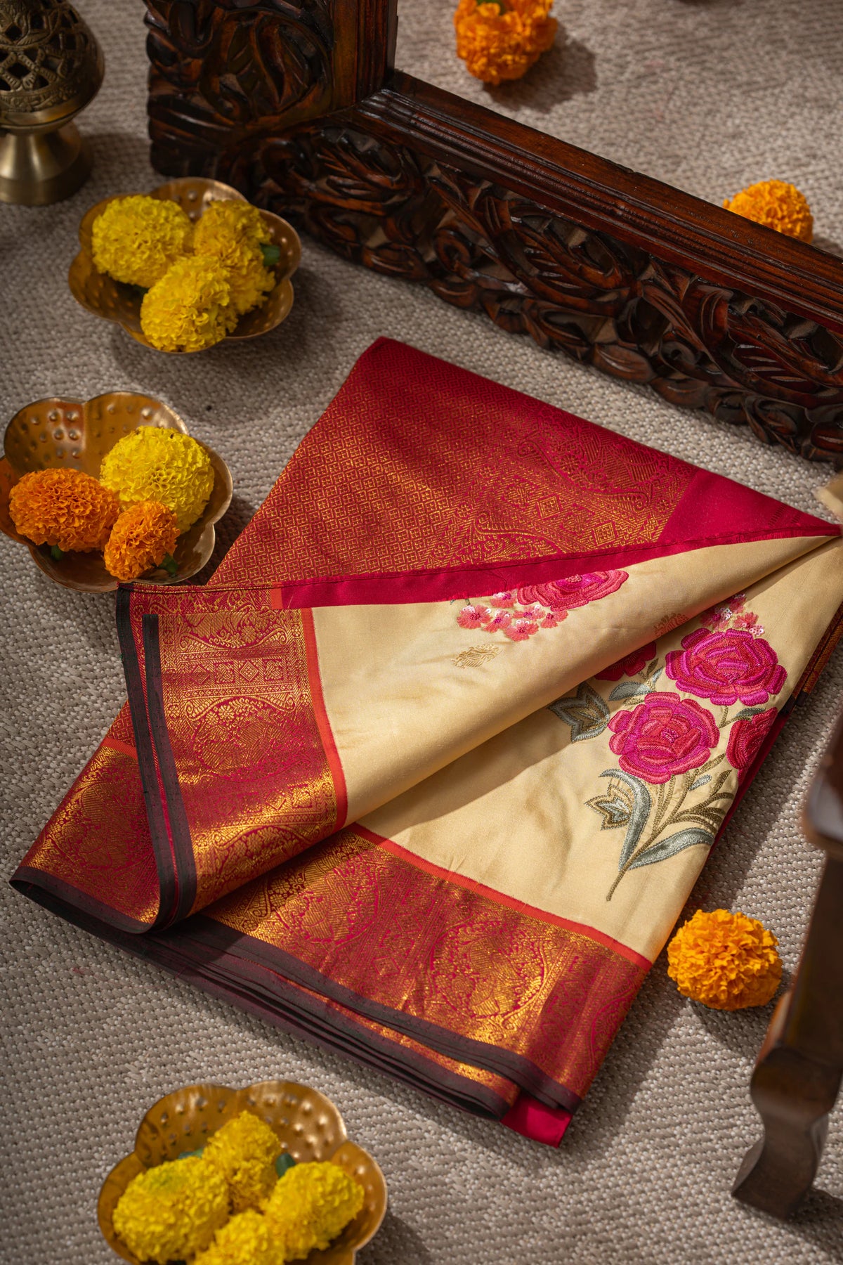 Kanchipuram Silk Butta Cream Saree With Embroidery