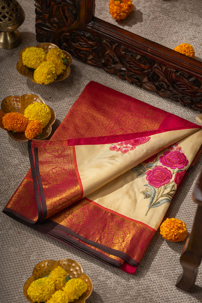 Kanchipuram Silk Butta Cream Saree With Embroidery