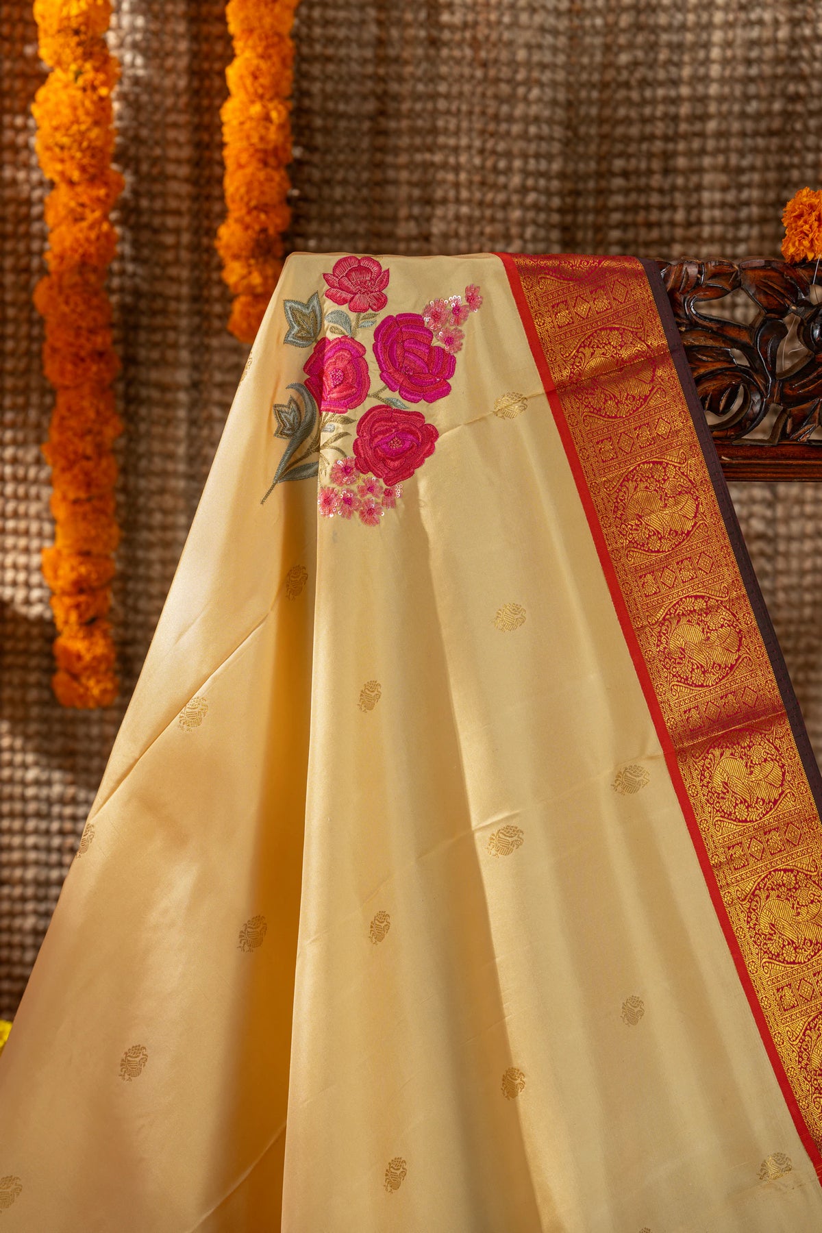 Kanchipuram Silk Butta Cream Saree With Embroidery