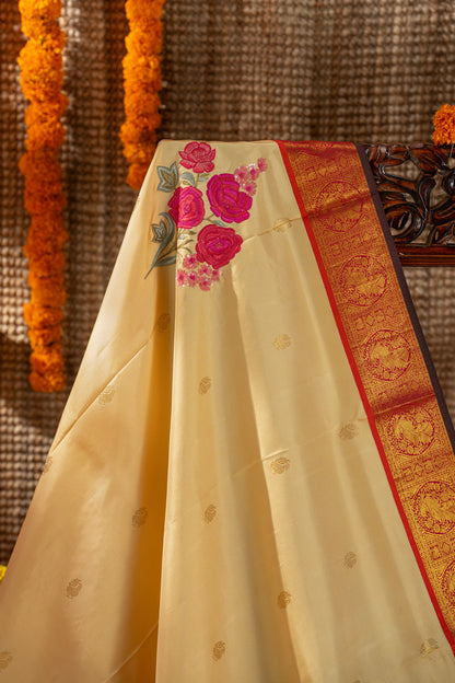 Kanchipuram Silk Butta Cream Saree With Embroidery