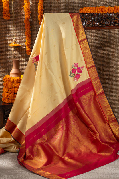 Kanchipuram Silk Butta Cream Saree With Embroidery