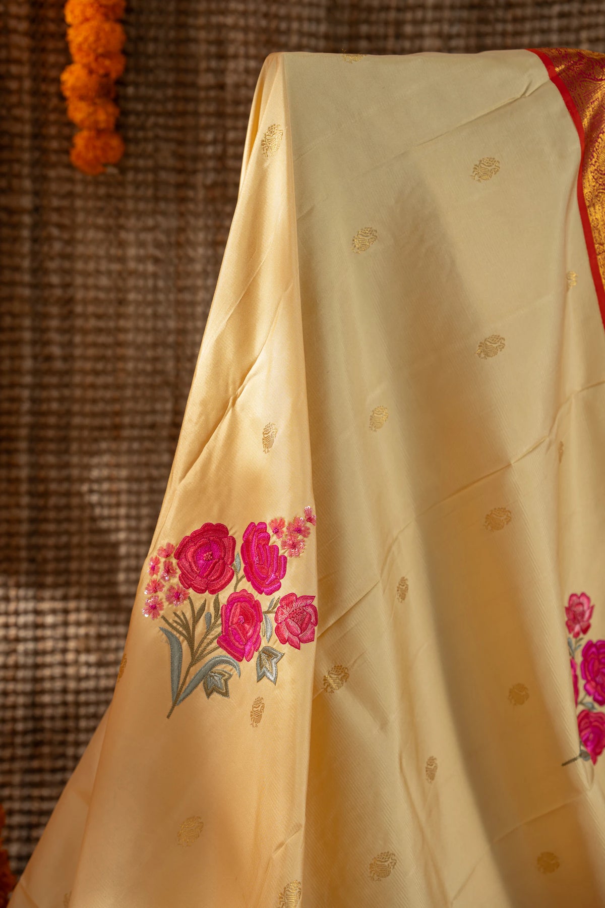 Kanchipuram Silk Butta Cream Saree With Embroidery