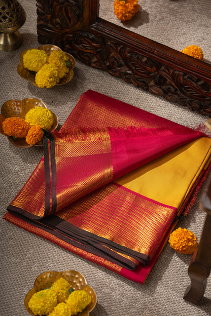Kanchipuram Silk Embroidery Butta Yellow Saree