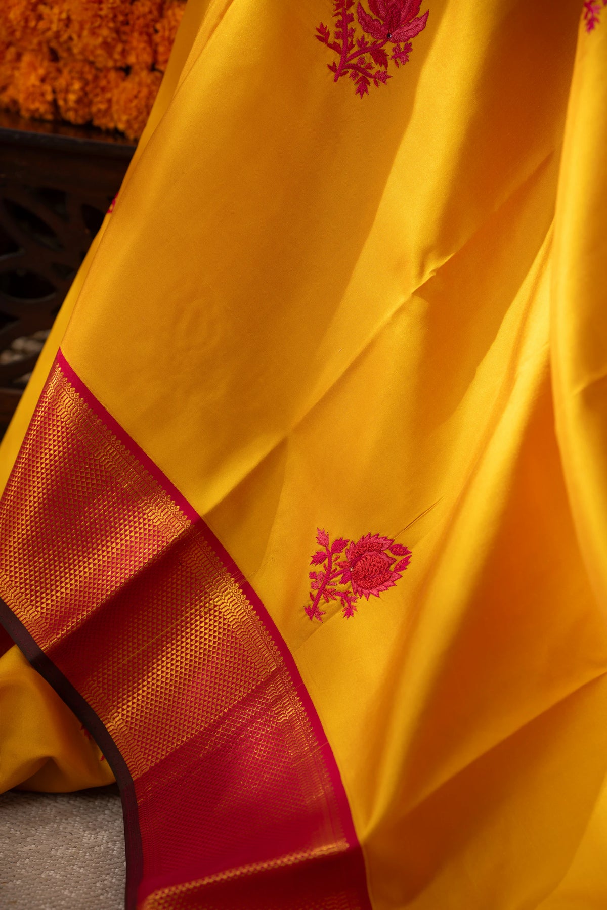 Kanchipuram Silk Embroidery Butta Yellow Saree