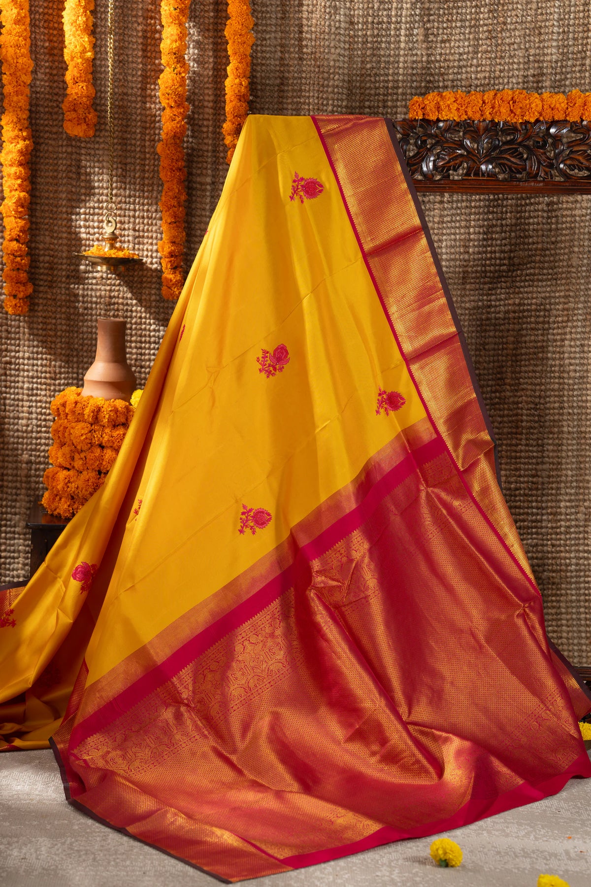 Kanchipuram Silk Embroidery Butta Yellow Saree