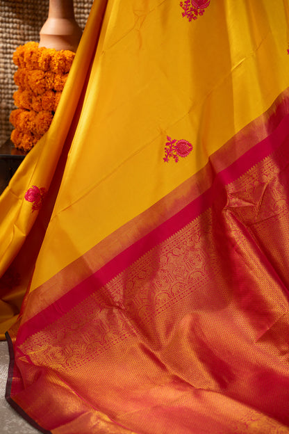 Kanchipuram Silk Embroidery Butta Yellow Saree