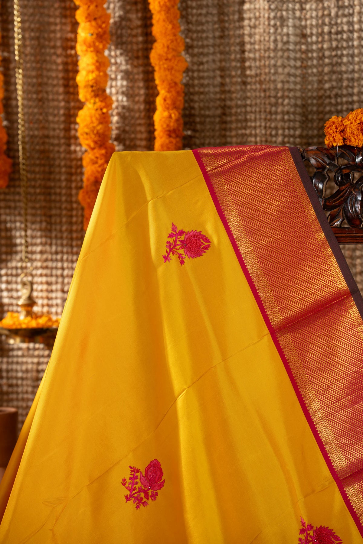 Kanchipuram Silk Embroidery Butta Yellow Saree
