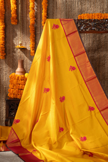 Kanchipuram Silk Embroidery Butta Yellow Saree