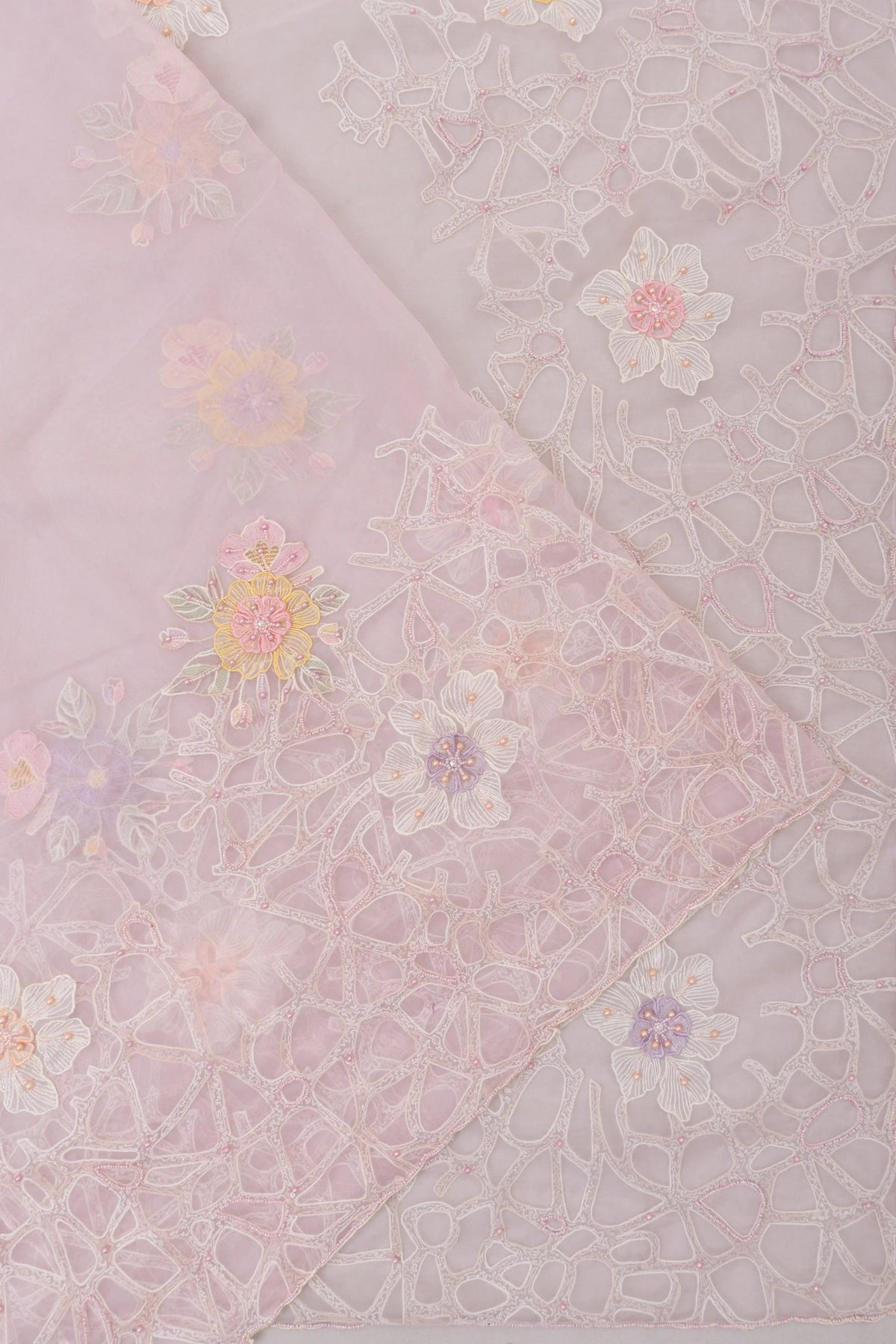 Organza Embroidery Pastel Pink Saree With Beads Work