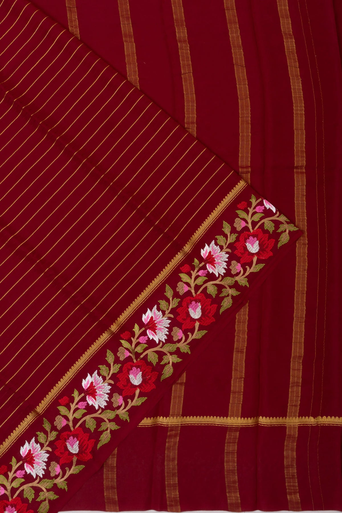 Mysore Silk Lines Red Saree With Embroidery Border