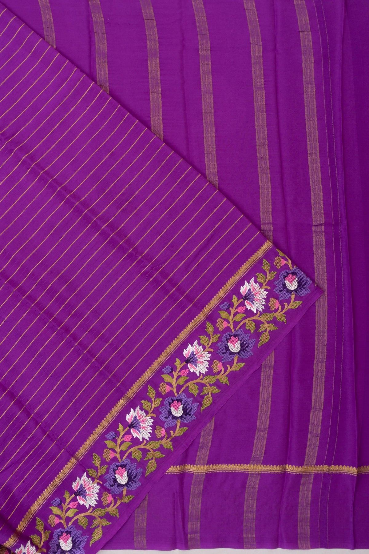Mysore Silk Lines Purple Saree With Embroidery Border