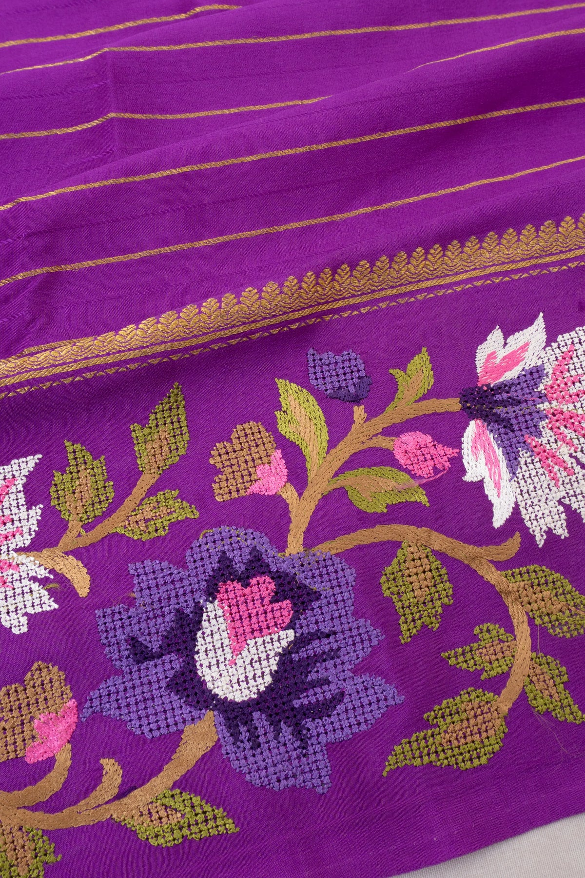 Mysore Silk Lines Purple Saree With Embroidery Border