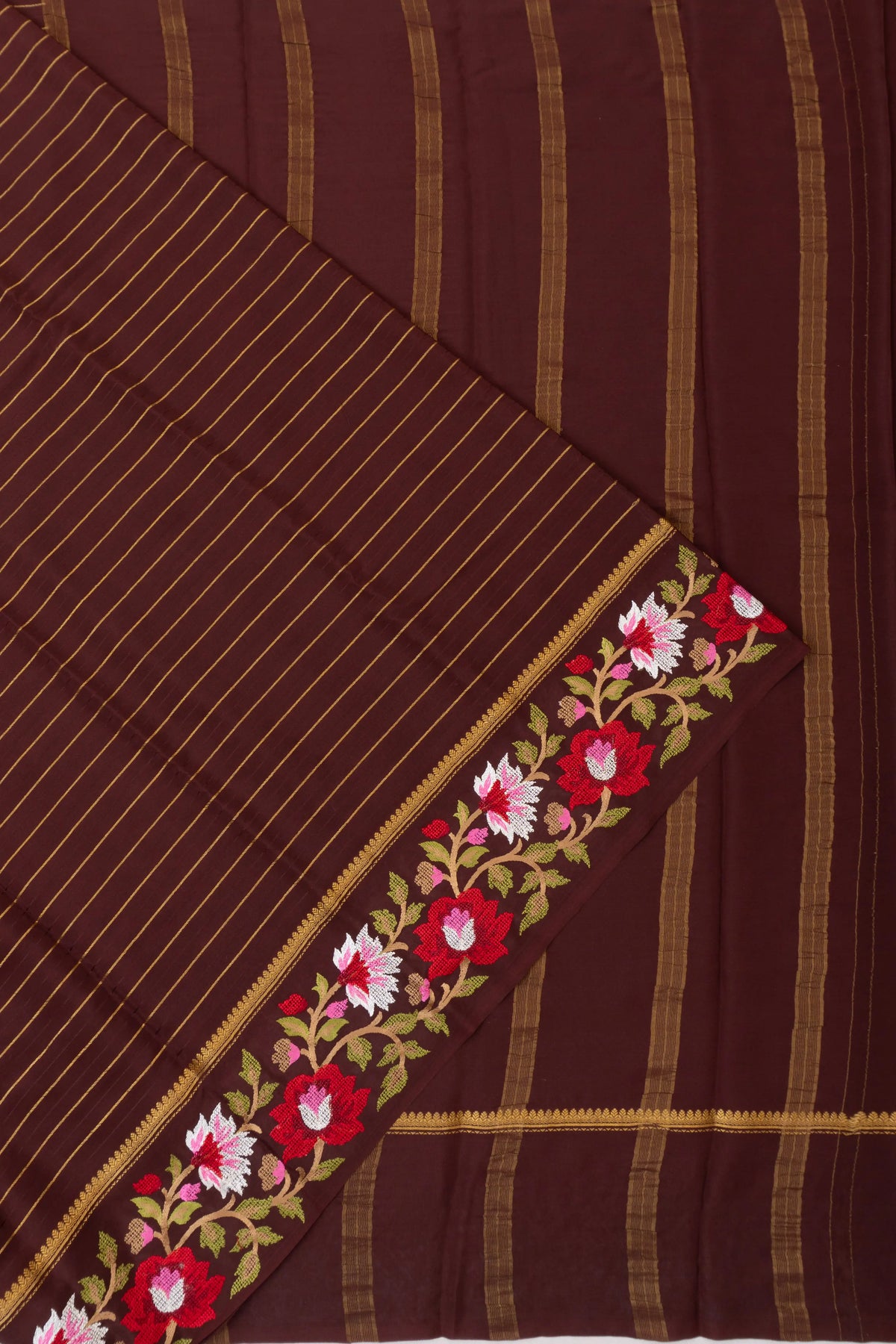 Mysore Silk Lines Deep Brown Saree With Embroidery Border
