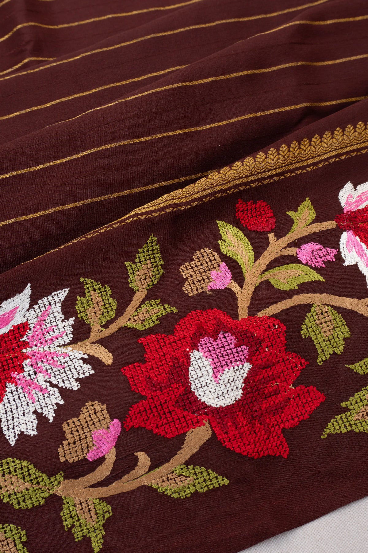 Mysore Silk Lines Deep Brown Saree With Embroidery Border