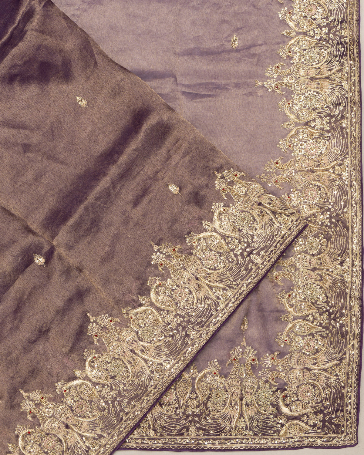 Crushed Organza Tissue Butta Violet Saree With Zardosi Work