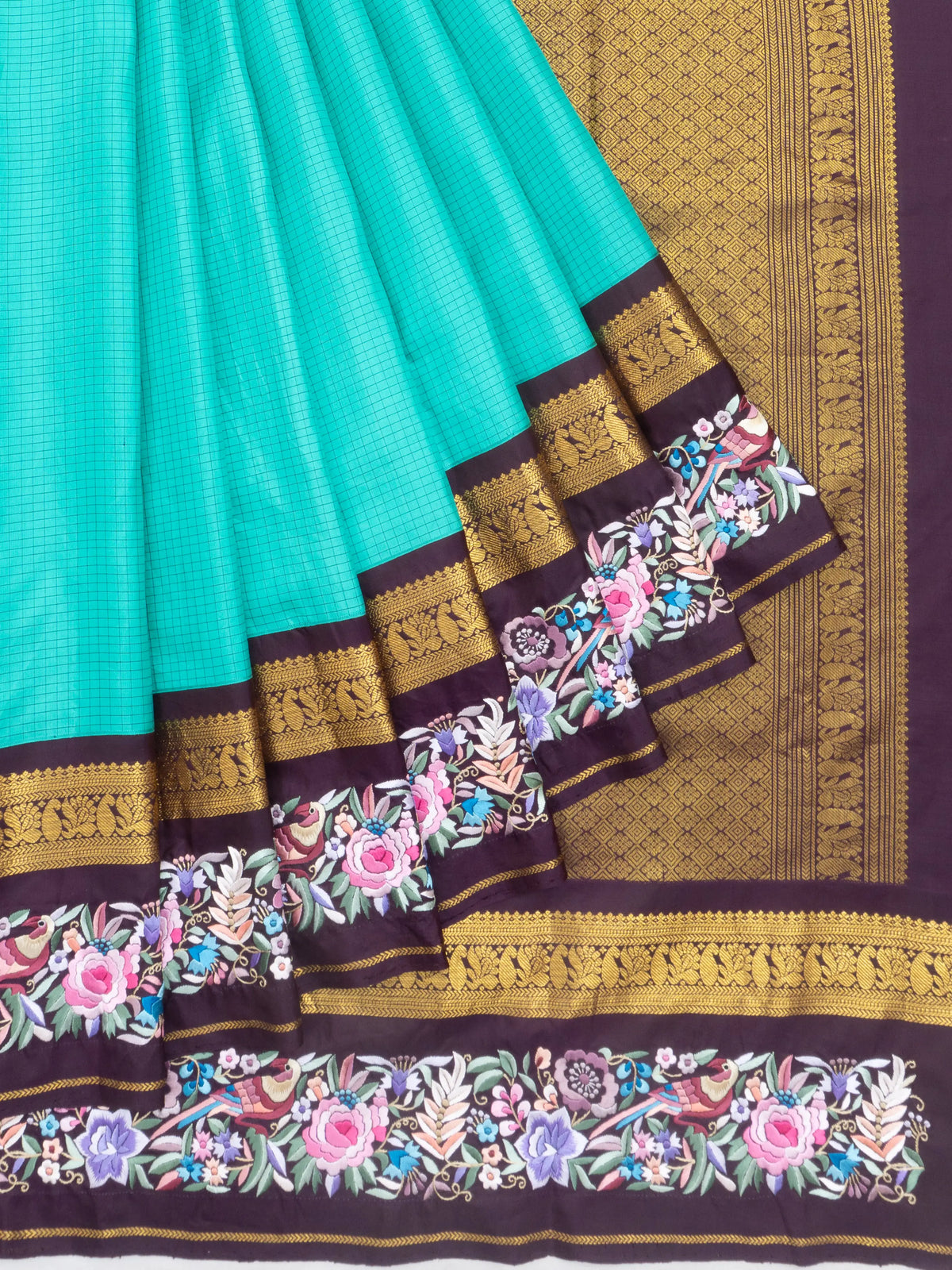 Parsi Gara X Kanchipuram Silk Checks Sea Blue Saree