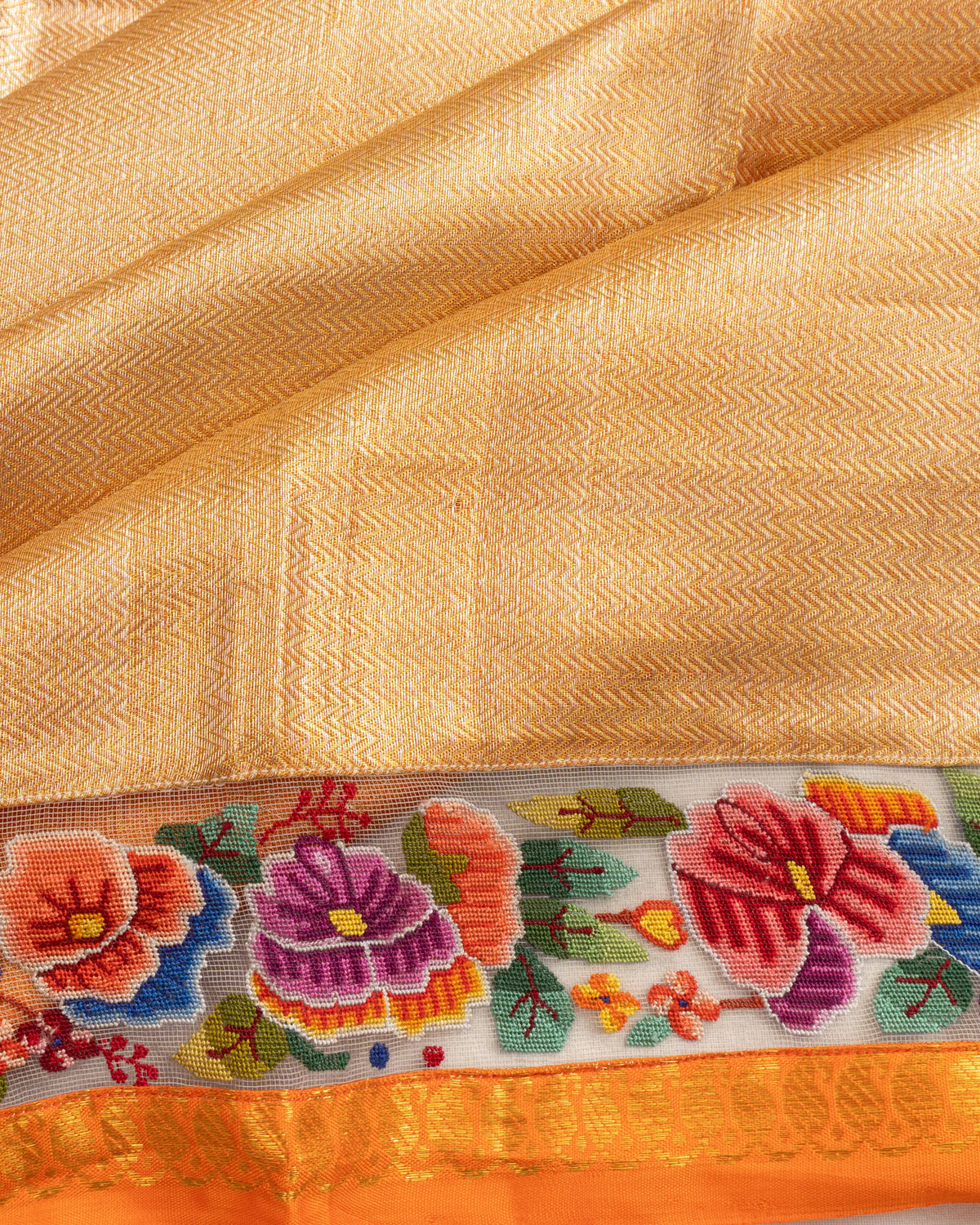 Petit Point X Kanchipuram Silk Tissue Brocade Gold Saree