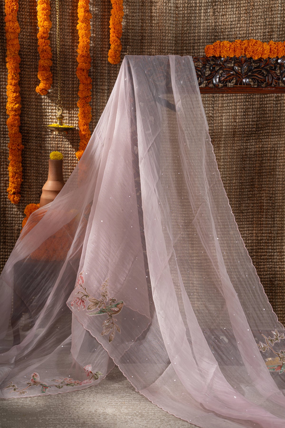 Organza Sequin Pastel Pink Saree With Scallop Border