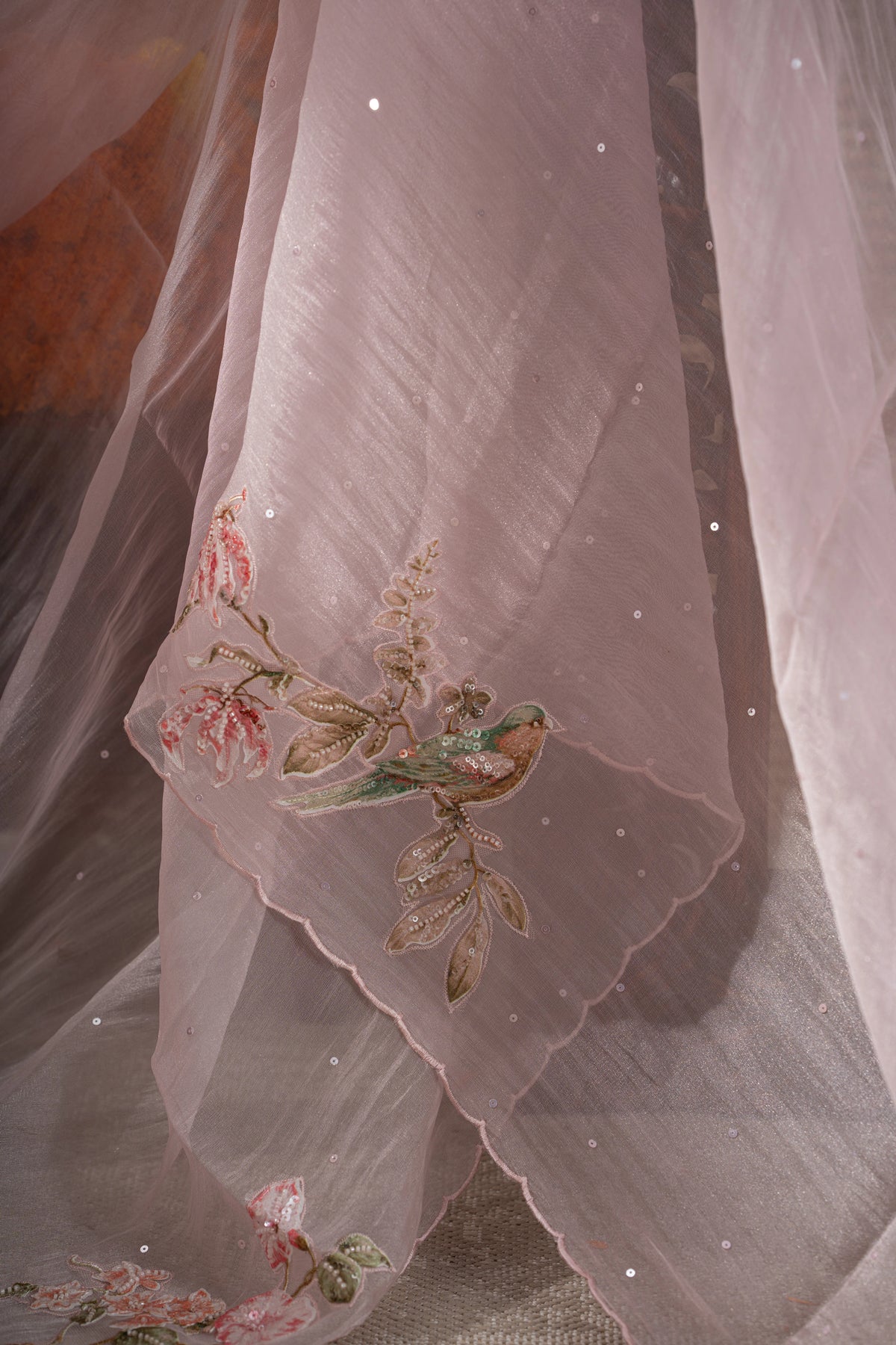 Organza Sequin Pastel Pink Saree With Scallop Border