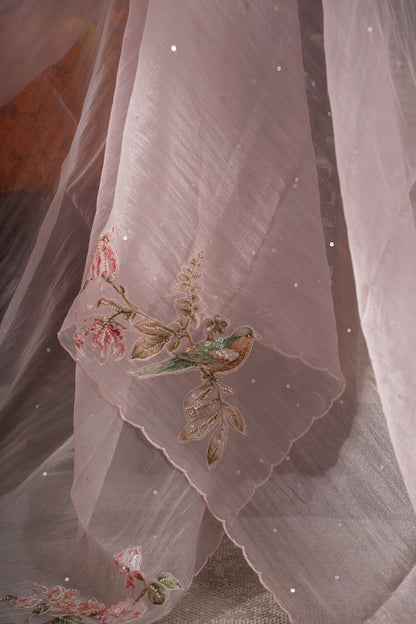 Organza Sequin Pastel Pink Saree With Scallop Border