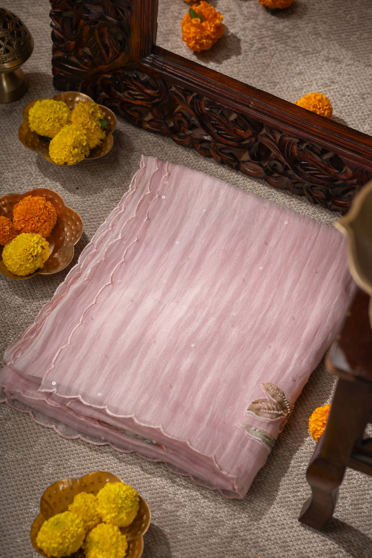 Organza Sequin Pastel Pink Saree With Scallop Border