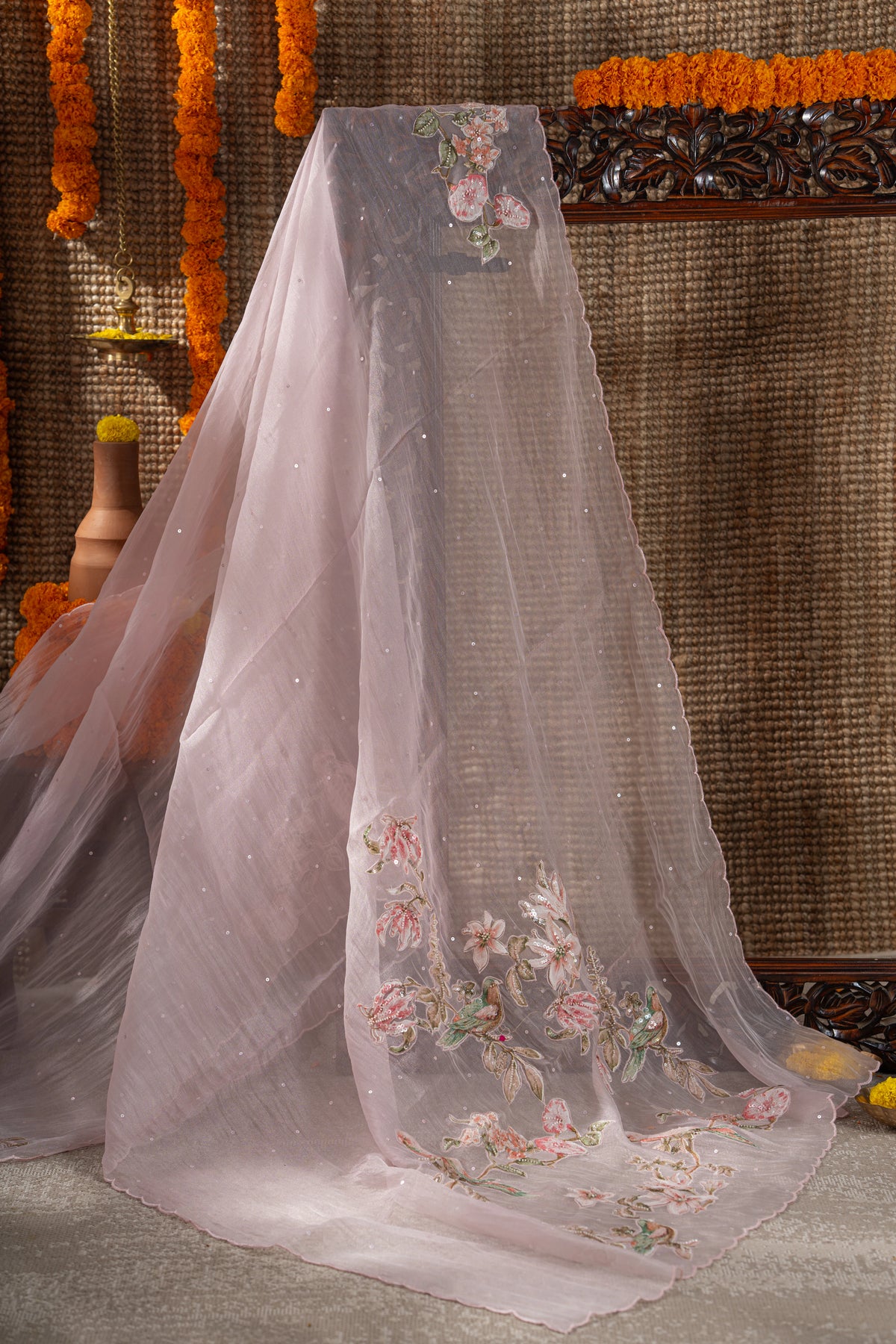 Organza Sequin Pastel Pink Saree With Scallop Border