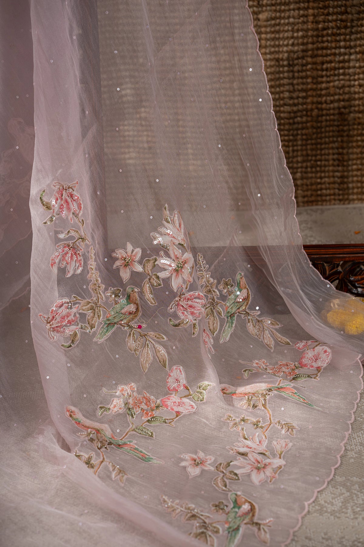 Organza Sequin Pastel Pink Saree With Scallop Border