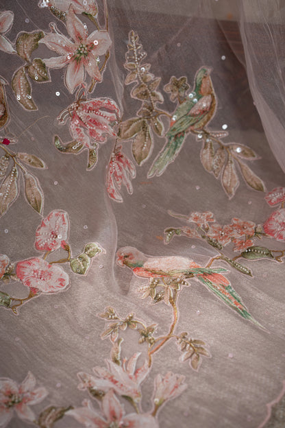 Organza Sequin Pastel Pink Saree With Scallop Border