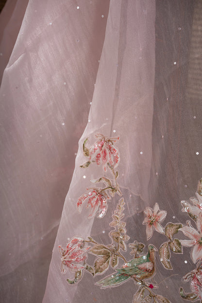 Organza Sequin Pastel Pink Saree With Scallop Border