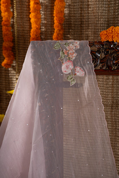 Organza Sequin Pastel Pink Saree With Scallop Border