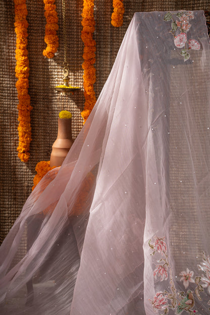 Organza Sequin Pastel Pink Saree With Scallop Border