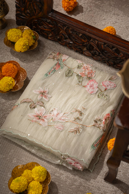 Organza Sequin Pastel Green Saree With Scallop Border