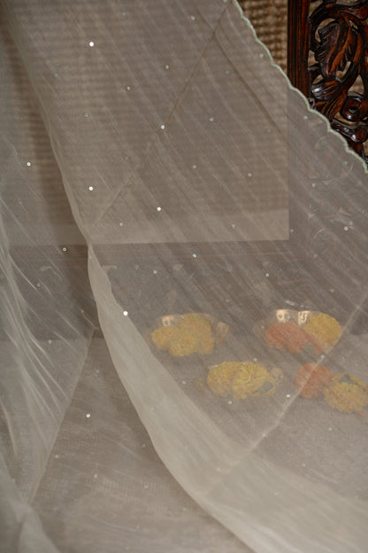 Organza Sequin Cream Saree With Scallop Border