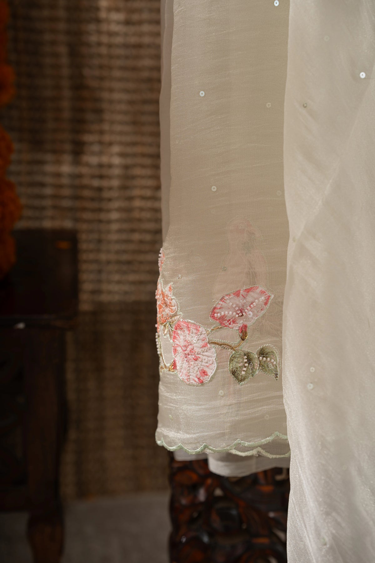 Organza Sequin Cream Saree With Scallop Border