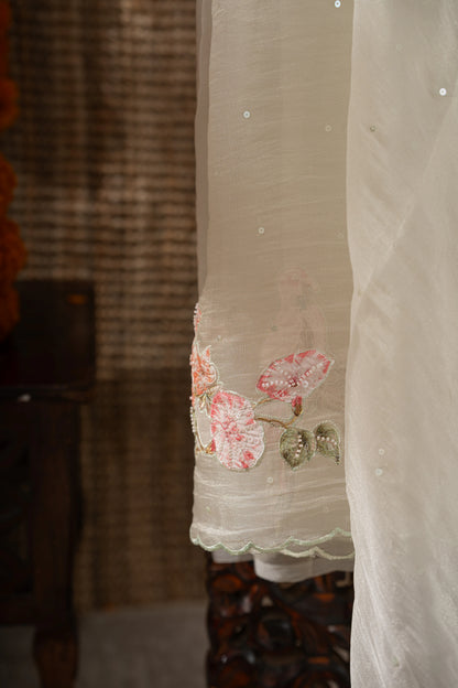Organza Sequin Cream Saree With Scallop Border