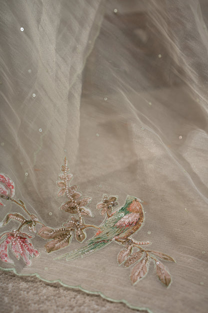 Organza Sequin Cream Saree With Scallop Border