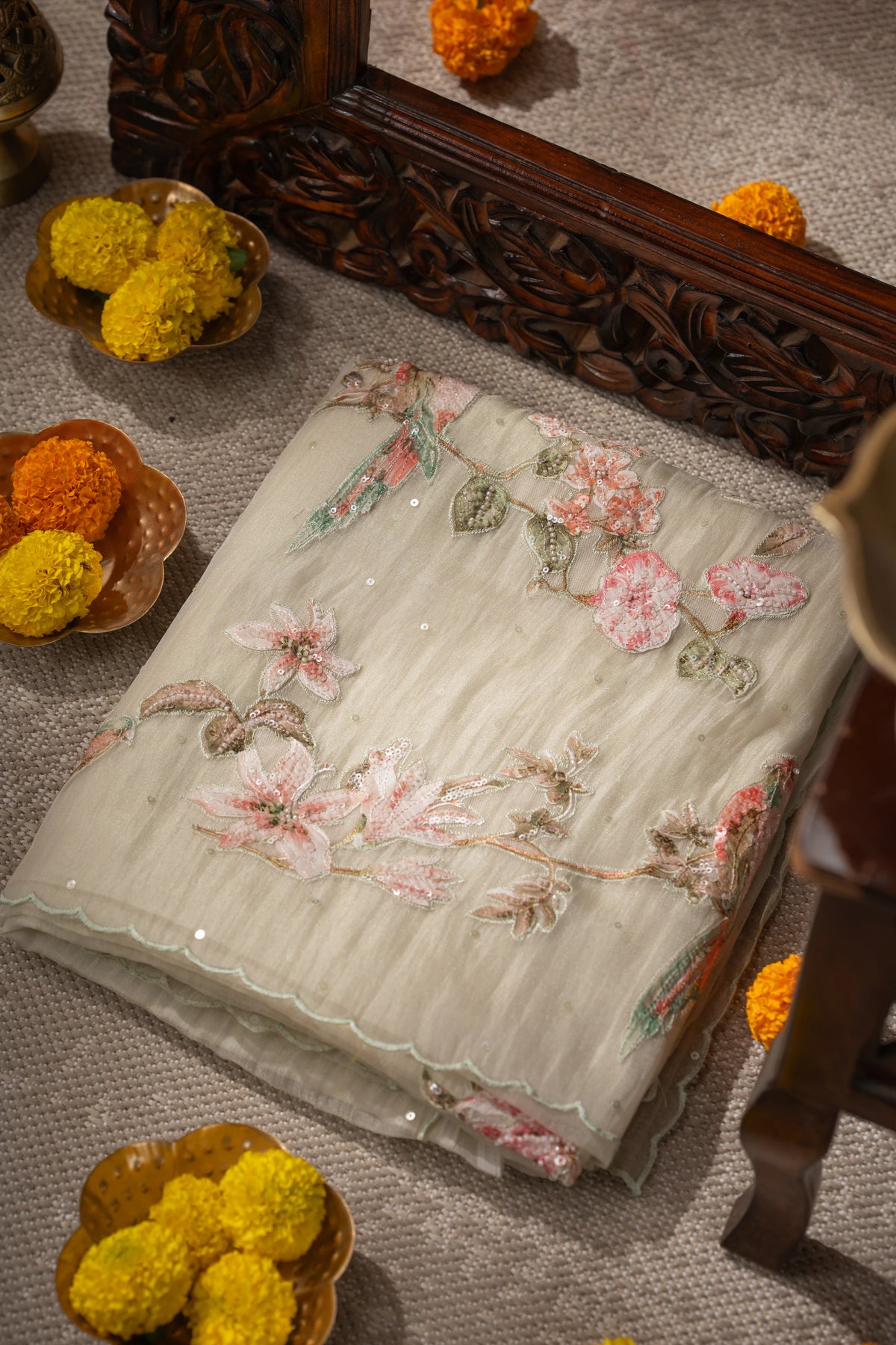Organza Sequin Cream Saree With Scallop Border