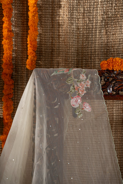 Organza Sequin Cream Saree With Scallop Border