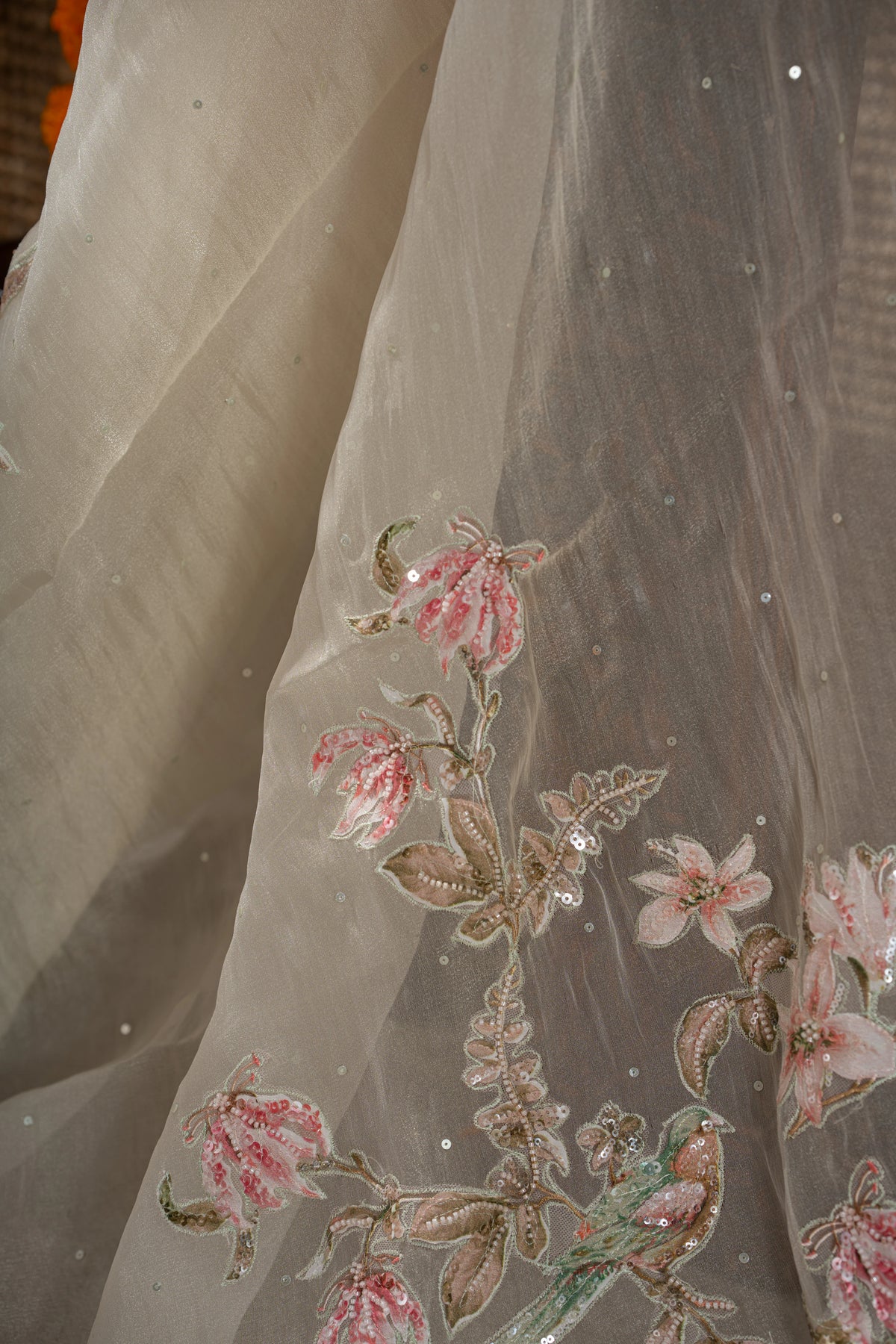 Organza Sequin Cream Saree With Scallop Border